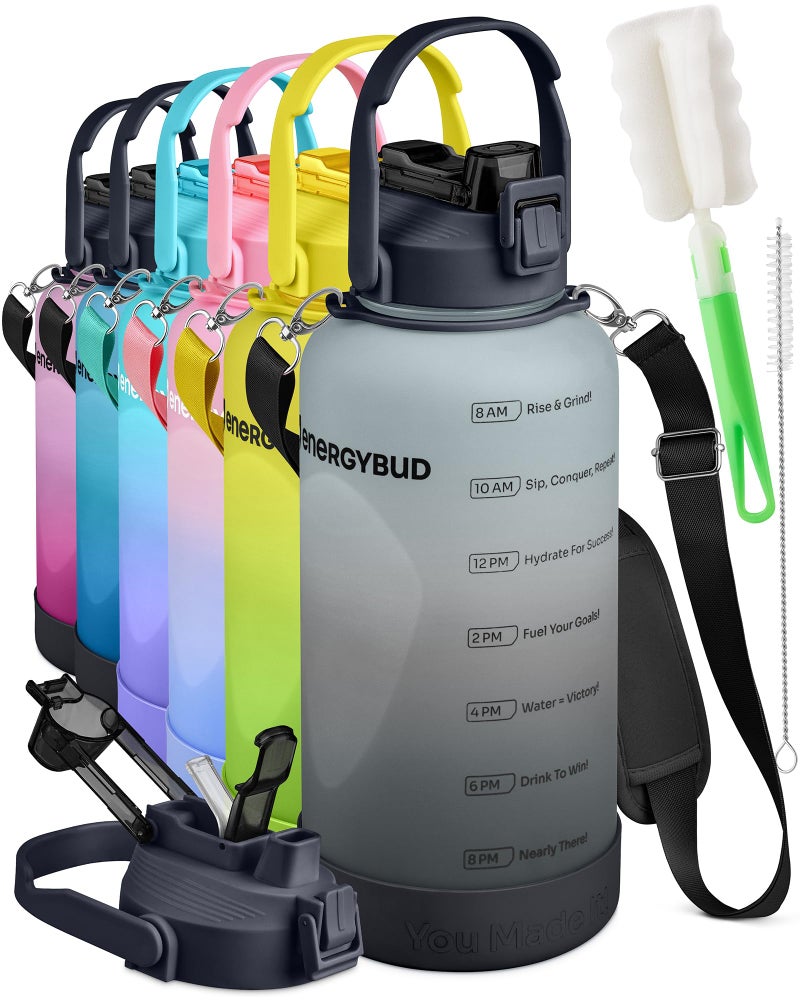EnergyBud 1 Gallon Water Bottle With Straw Dishwasher-Safe BPS & BPA Free, 2 Cleaning Brush Motivational 128oz Water Jug with Time Markers, Wide-Mouth Tritan, Gym & Exercise Equipment(Clear & Black) - Image 1